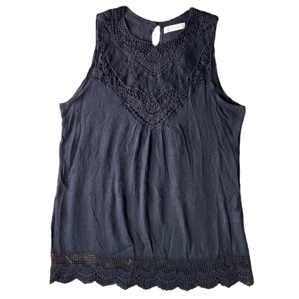 entro Solid Black Crochet Floral Embroidery Neckline